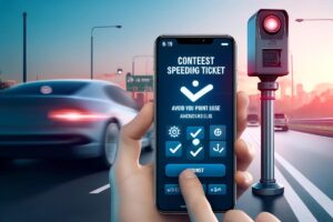 Un smartphone affichant l'application Flash Radar avec une voiture passant devant un radar automatique en arrière-plan.