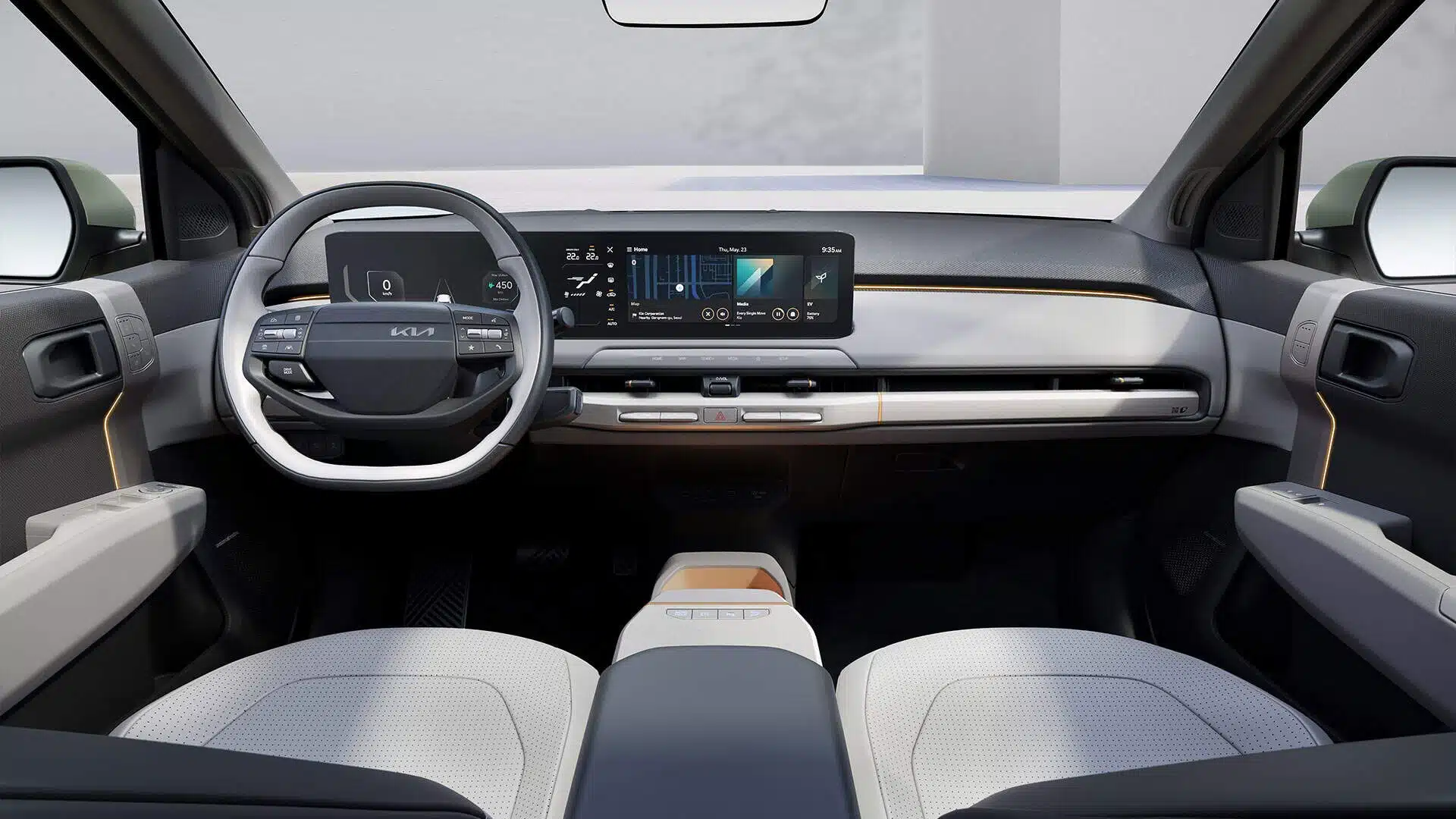 Cockpit Kia EV3 avec double écran 12,3 pouces, commandes minimalistes et connectivité sans fil