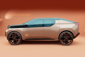 Nouveau prototype FIAT électrique sur fond ton sur ton automobile moderne, symbolisant la transition technologique de la marque italienne
