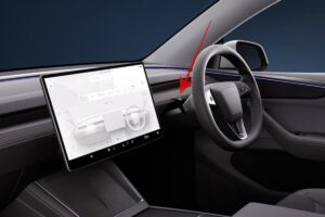 Volant Yoke controversé de la Tesla Model 3, montrant sa forme tronquée et l'absence de branches supérieures.
