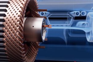 Gros plan sur un prototype de moteur électrique européen en cours de développement, mettant en évidence les composants utilisant des terres rares recyclées.