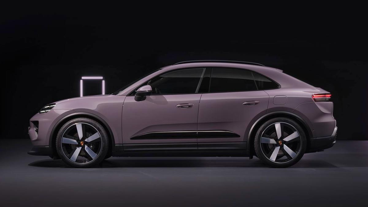 Porsche Macan électrique 2025 profil, SUV coupé aux lignes sportives et jantes optimisées
