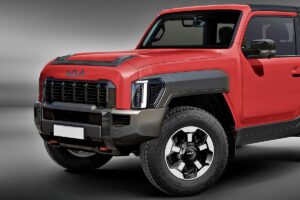 Image de synthèse du prototype abandonné de Kia, montrant un 4x4 robuste aux lignes anguleuses inspirées du Jeep Wrangler, avec une calandre distinctive Kia.