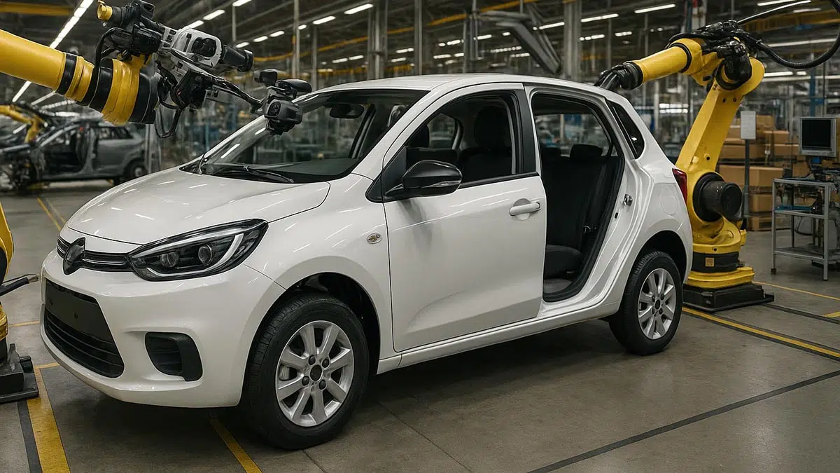 Chaîne de production automobile avec installation de systèmes de sécurité avancés sur une citadine.