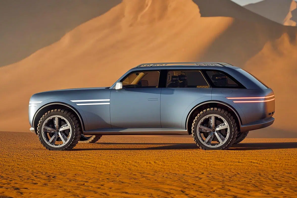 Vue latérale du futur 4x4 Genesis 2027, SUV de luxe au design cubique et statutaire