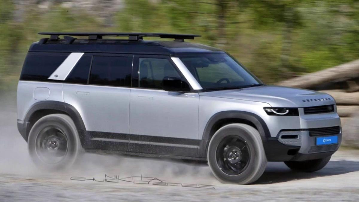 Profil du Land Rover Defender Sport avec carrosserie compacte et silhouette carrée