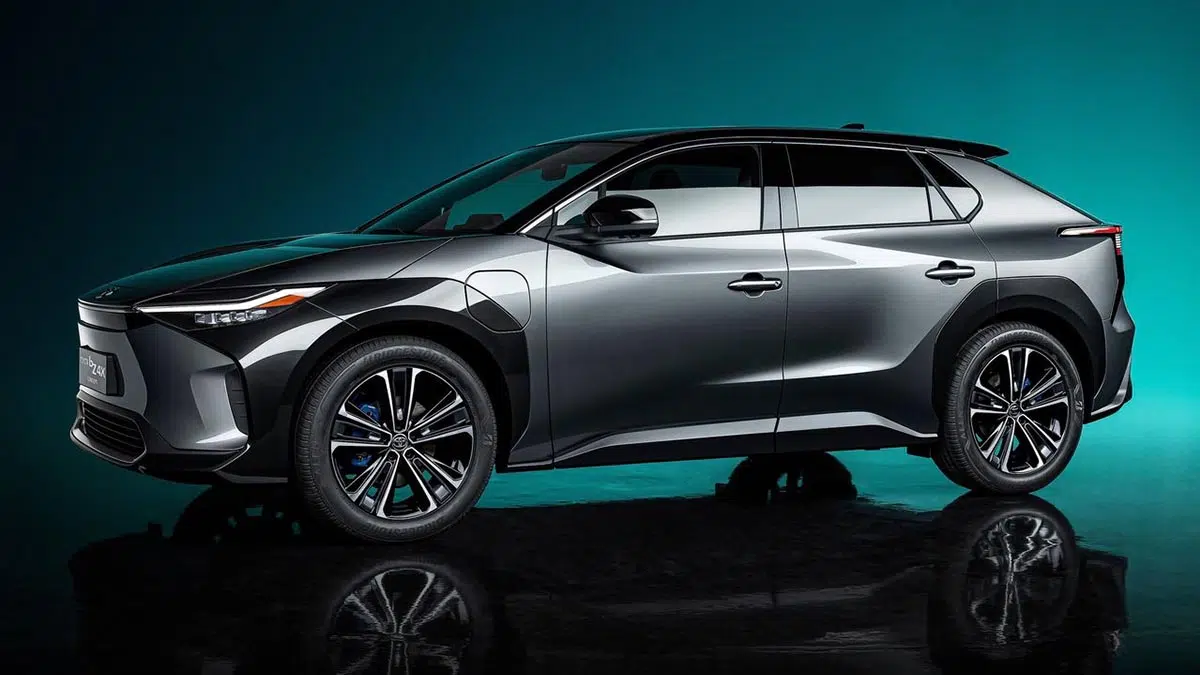 Vue latérale du Toyota bZ4X électrique avec design aérodynamique et jantes 20 pouces