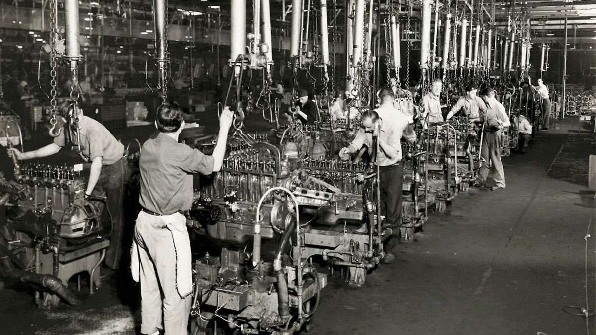 Usine de moteurs General Motors à Tonawanda en 1938, production industrielle historique