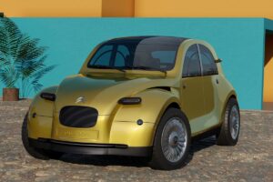 Citroën 2CV concept moderne hybride au design épuré sur route de campagne française