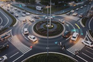 Vue aérienne d’un rond-point avec voitures bien positionnées et circulation fluide
