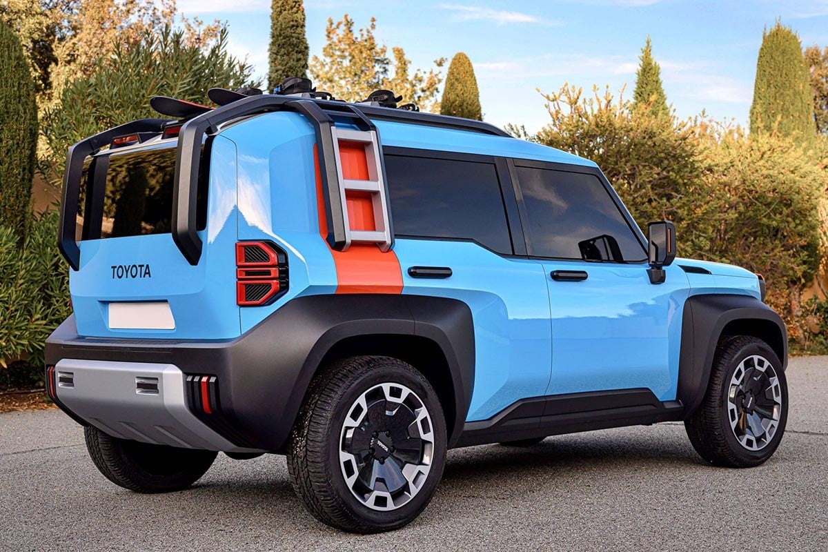 Arrière du Toyota FJ Cruiser 2025 avec hayon latéral et feux verticaux compacts