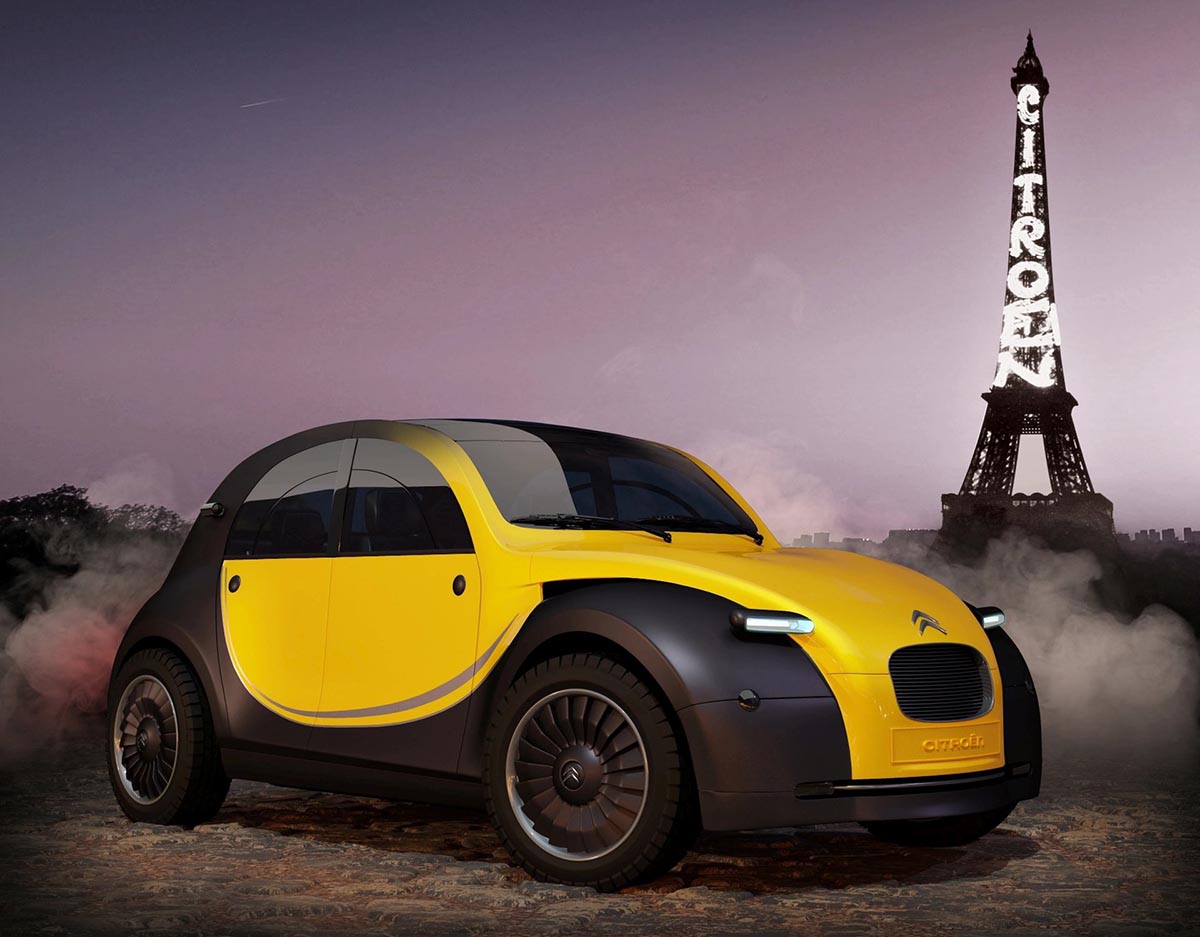 Citroën 2CV moderne hybride légère bi-ton devant la tour Eiffel