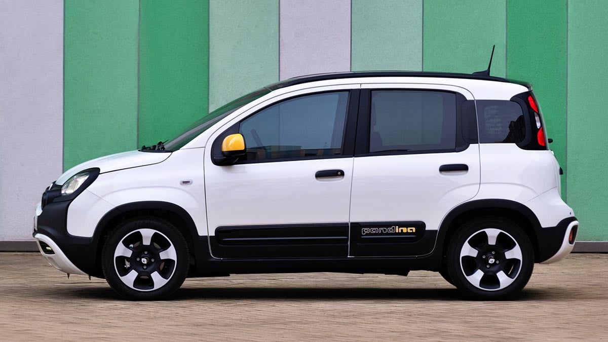 Profil latéral de la Fiat Panda 2026 Pandina avec jantes tôles et protection plastique
