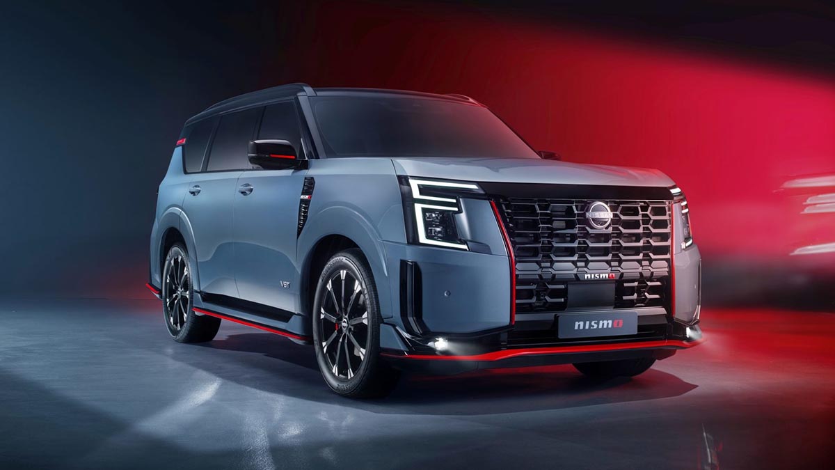 Face avant du Nissan Patrol NISMO 2026 avec calandre noire et signature lumineuse
