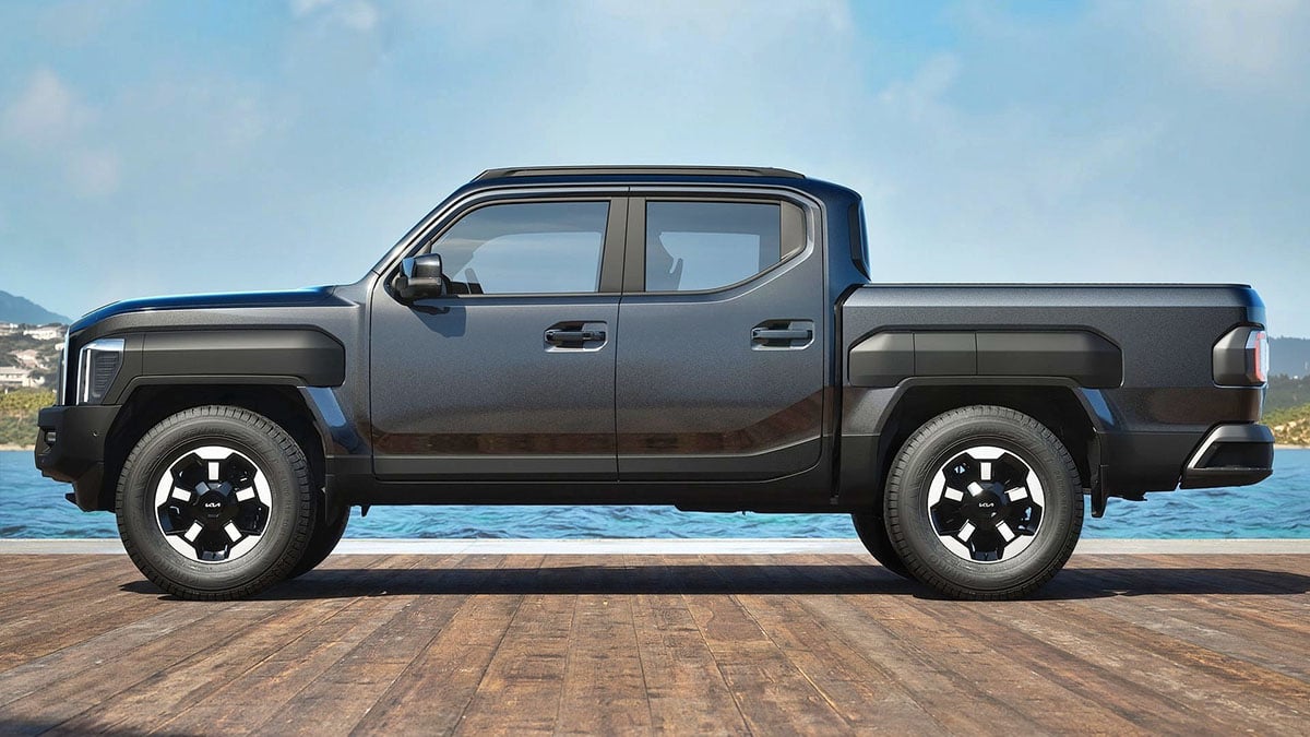 Vue latérale de la Kia Tasman 2025, pick-up coréen hybride rival de la Toyota Hilux et de la Ford Ranger