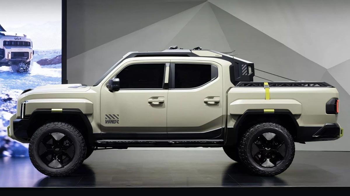 Prototype 4×4 Kia sur base Tasman, profil complet avec carrosserie fermée et garde au sol élevée