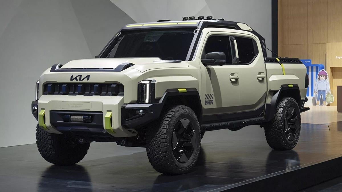 Kia 4×4 frontal avec calandre imposante et projecteurs LED inspirés du Tasman