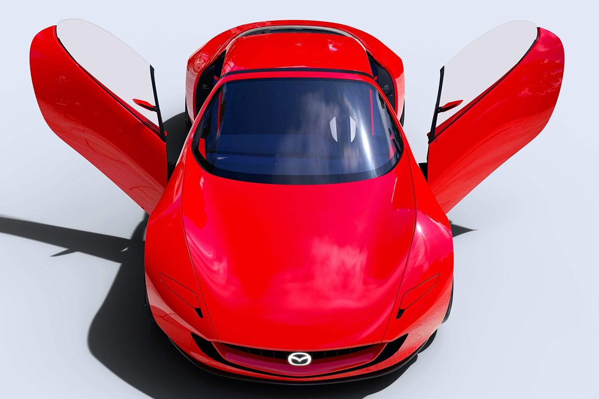 Vue de face du Mazda RX-9 avec les deux portières ouvertes, soulignant son design agressif et son habitabilité.