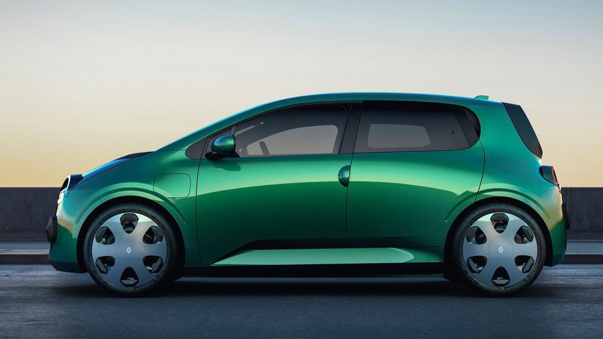 Profil latéral de la Renault Twingo électrique 2026 au design compact et néo-rétro, idéale pour la ville