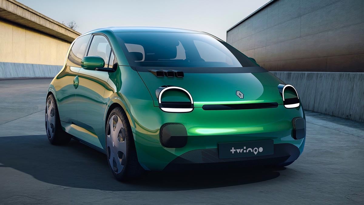 Avant de la Renault Twingo électrique 2026 avec signature lumineuse LED et calandre fermée