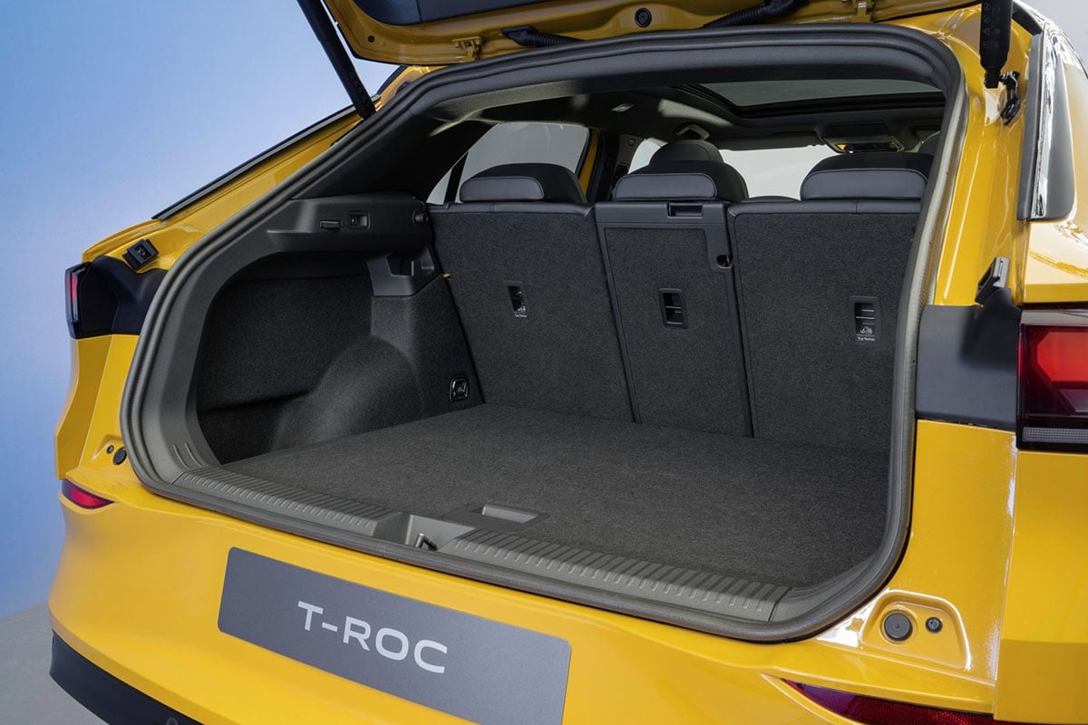 Coffre du Volkswagen T-Roc 2026 avec une capacité de 475 litres et seuil de chargement bas