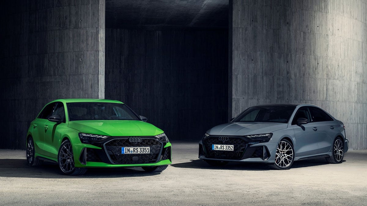 Face avant de l’Audi RS3 2025 avec calandre Singleframe et entrées d’air élargies