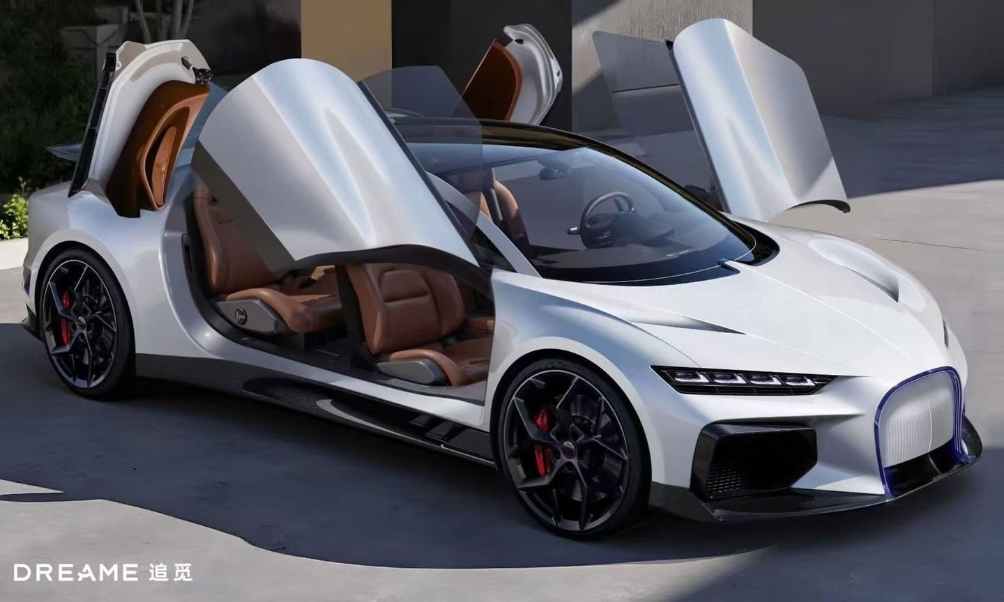 Hypercar électrique Dreame en vue de profil, inspirée de la Bugatti Chiron