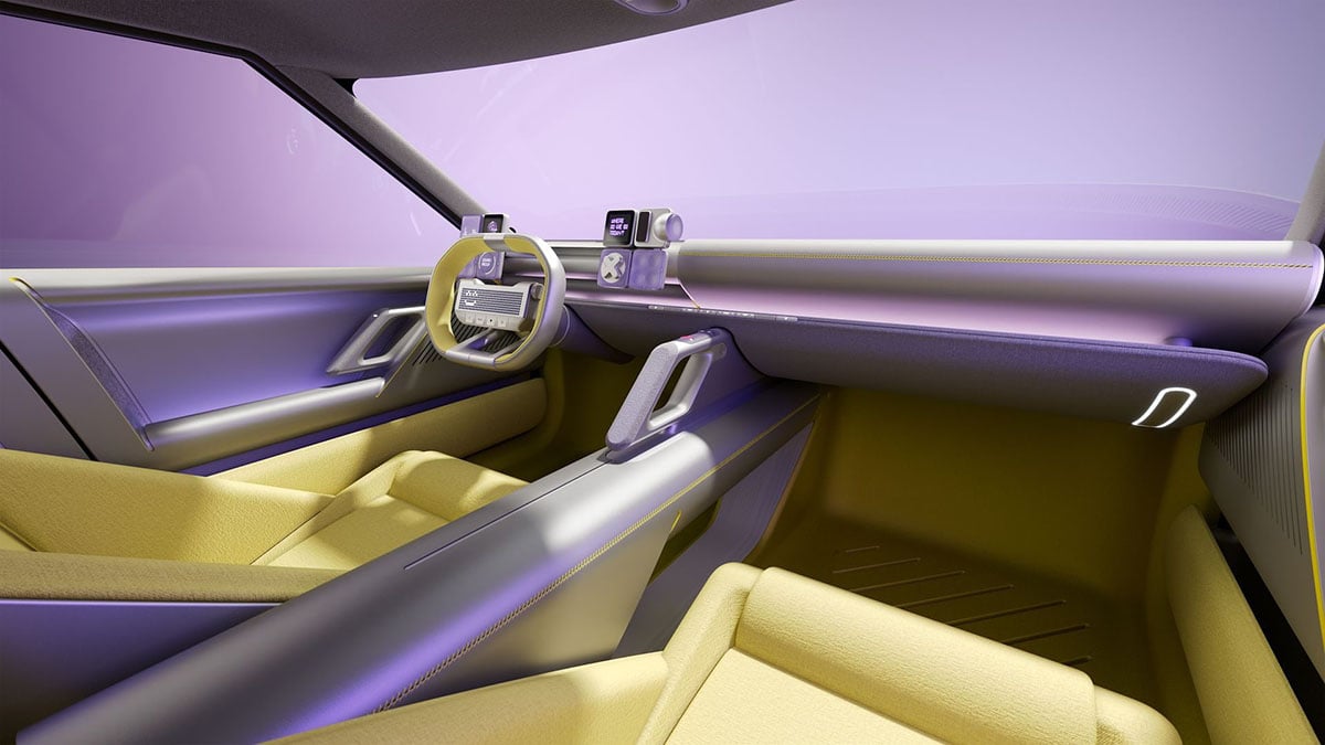  Intérieur conceptuel du Hyundai Concept Three avec volant suspendu et sièges flottants