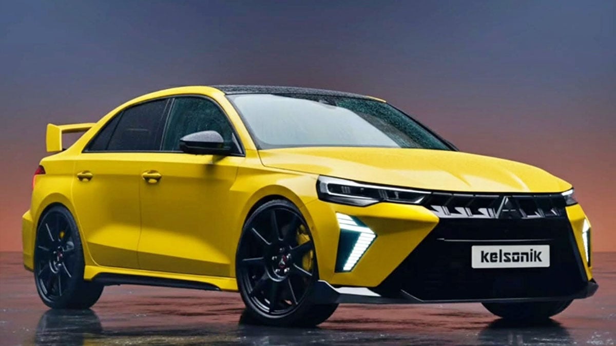  Face avant de la Mitsubishi Lancer Evo 2026 virtuelle avec calandre hexagonale
