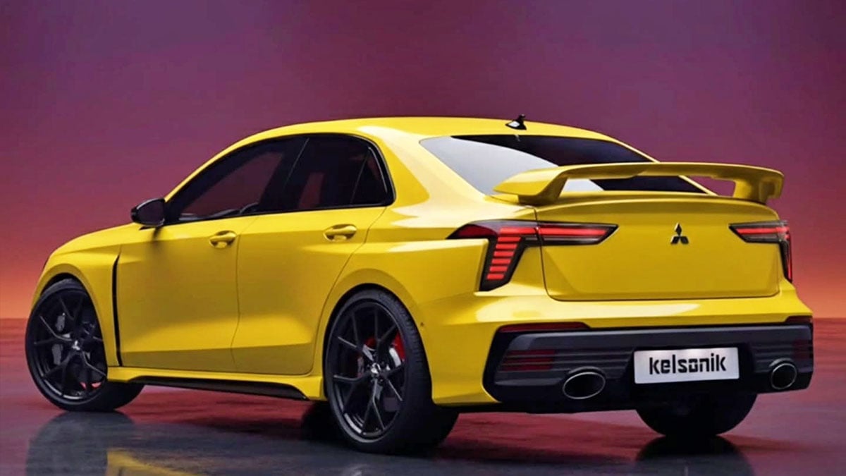 Vue arrière du concept Mitsubishi Lancer Evo 2026 avec aileron sportif et diffuseur