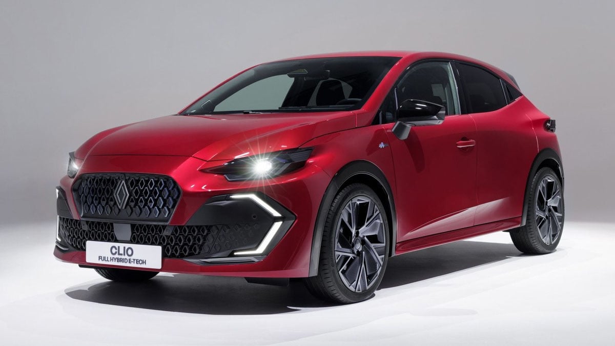 Face avant de la Renault Clio Esprit Alpine rouge avec bouclier sportif et phares LED