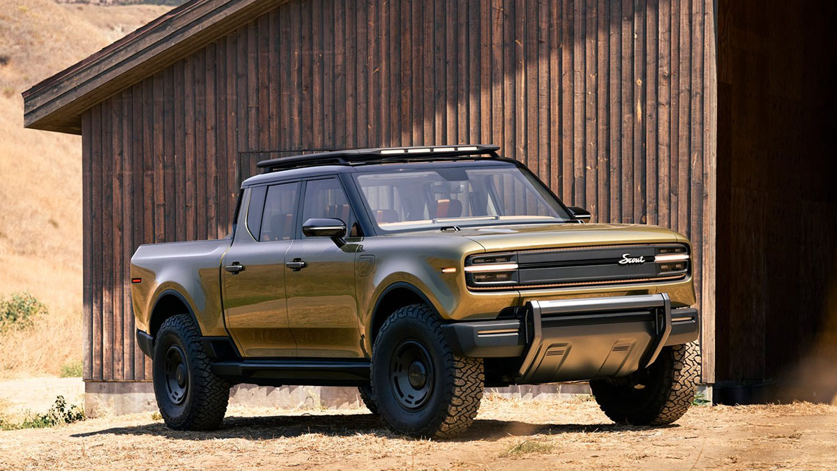 Scout Terra pick-up 2027 de profil avec pneus 37 pouces et design néo-rétro tout-terrain