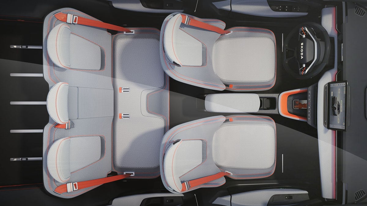 Banquette arrière du Skoda Epiq avec espace optimisé et sièges rabattables