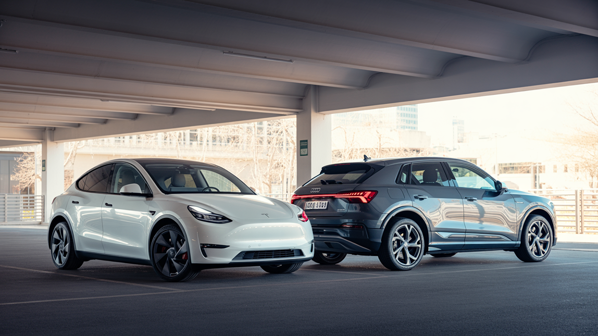 Comparatif visuel entre Tesla Model Y Standard et Audi Q2 e-tron, deux SUV électriques compacts 2025