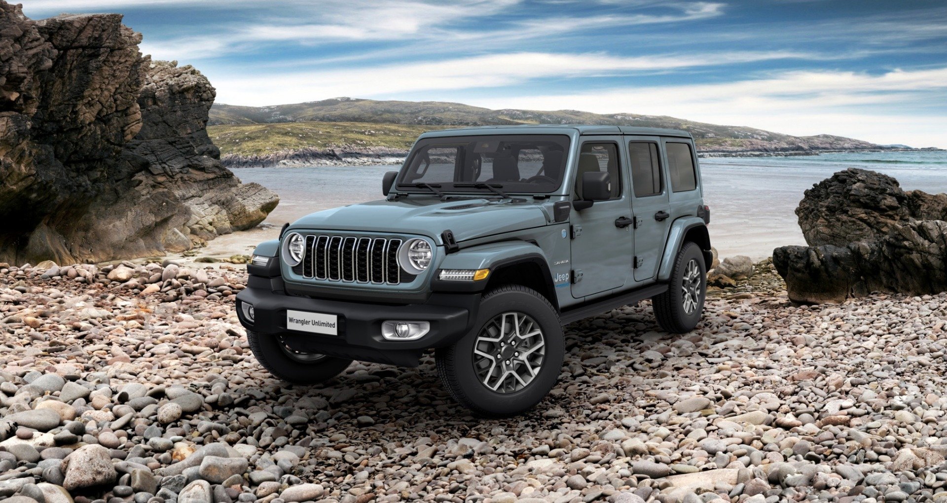 Face avant du Jeep Wrangler Sahara 2025 thermique avec projecteurs ronds et calandre à 7 fentes  
