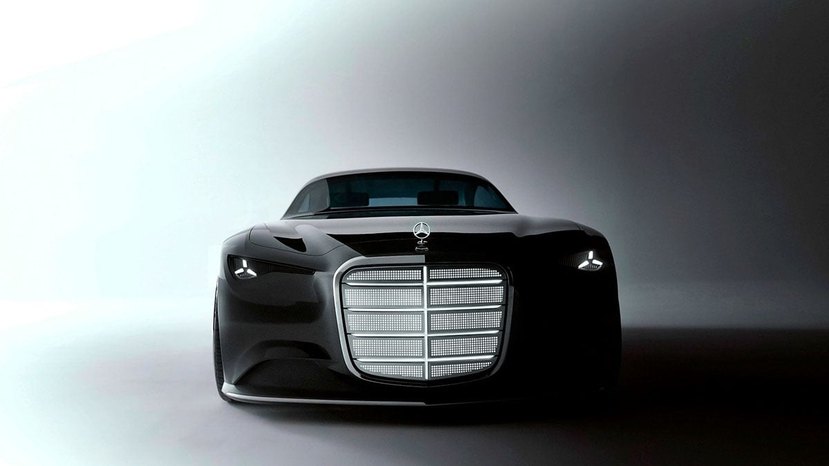 Calandre verticale du Mercedes Vision Iconic avec signature lumineuse et phares Art Déco
