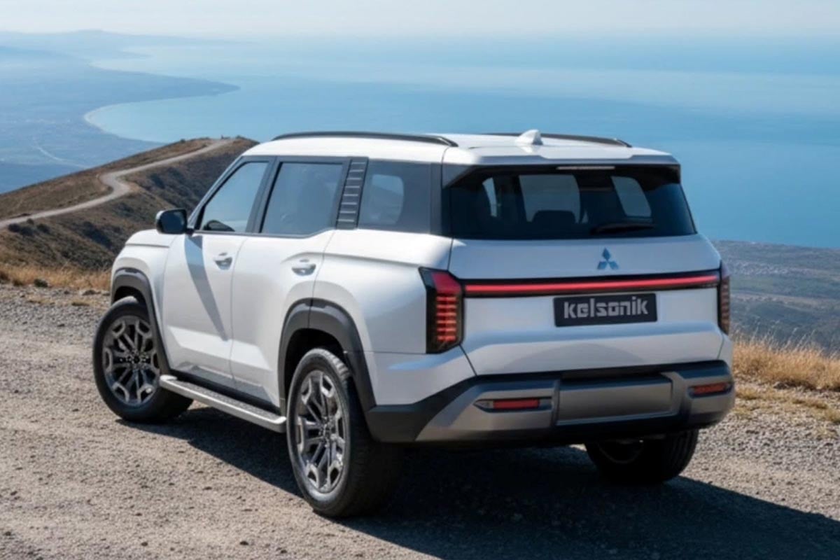 Arrière du Mitsubishi Pajero 2026 avec roue de secours et feux verticaux