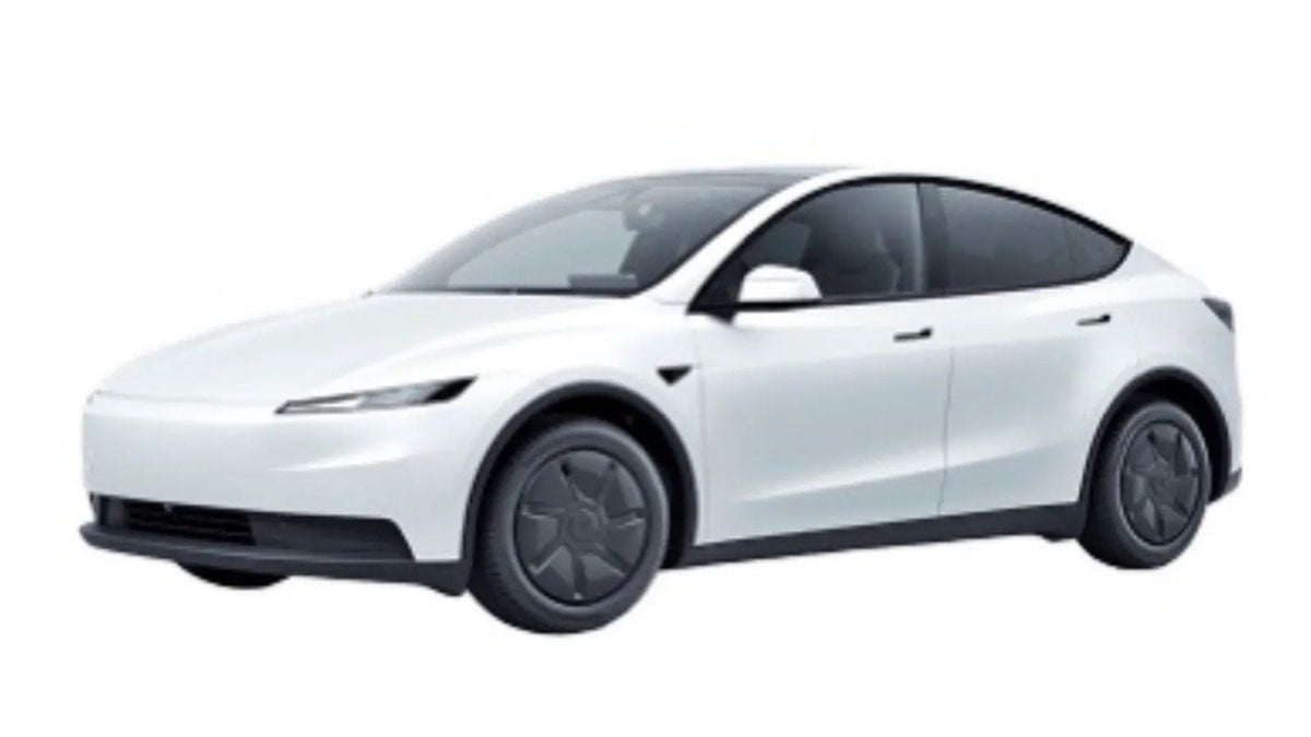 Profil latéral du futur Tesla Model Y simplifié avec jantes basiques et ligne épurée
