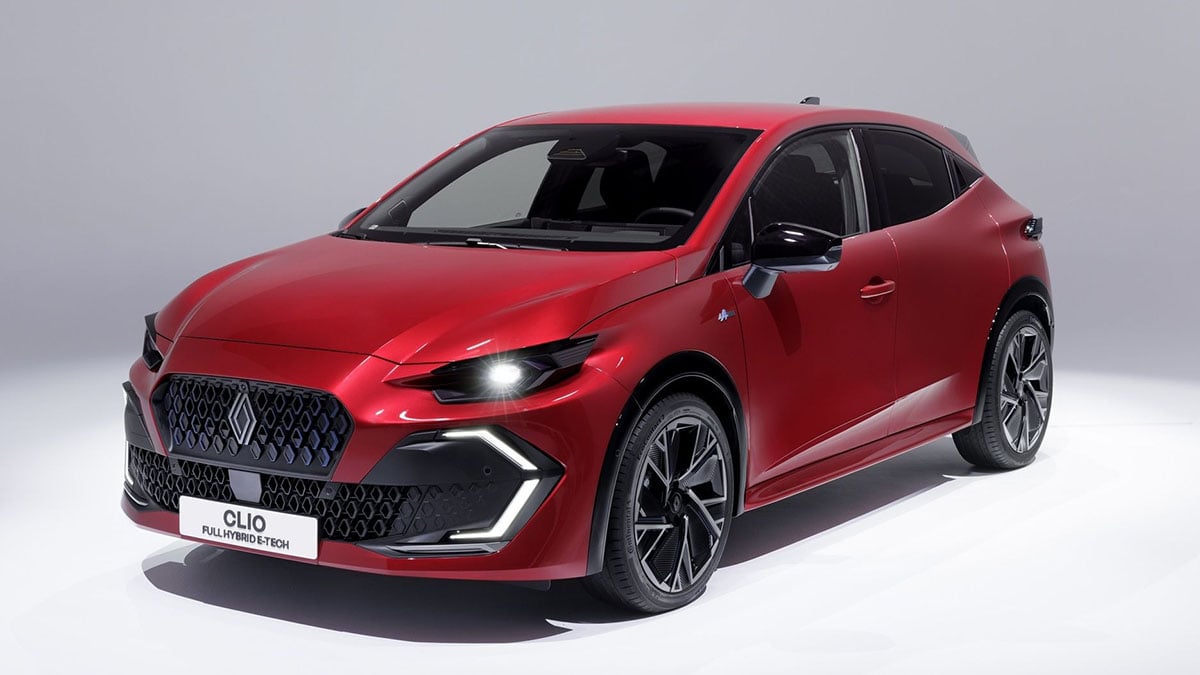 Face avant de la Renault Clio hybride 2026 avec signature lumineuse en flèche et calandre Esprit Alpine