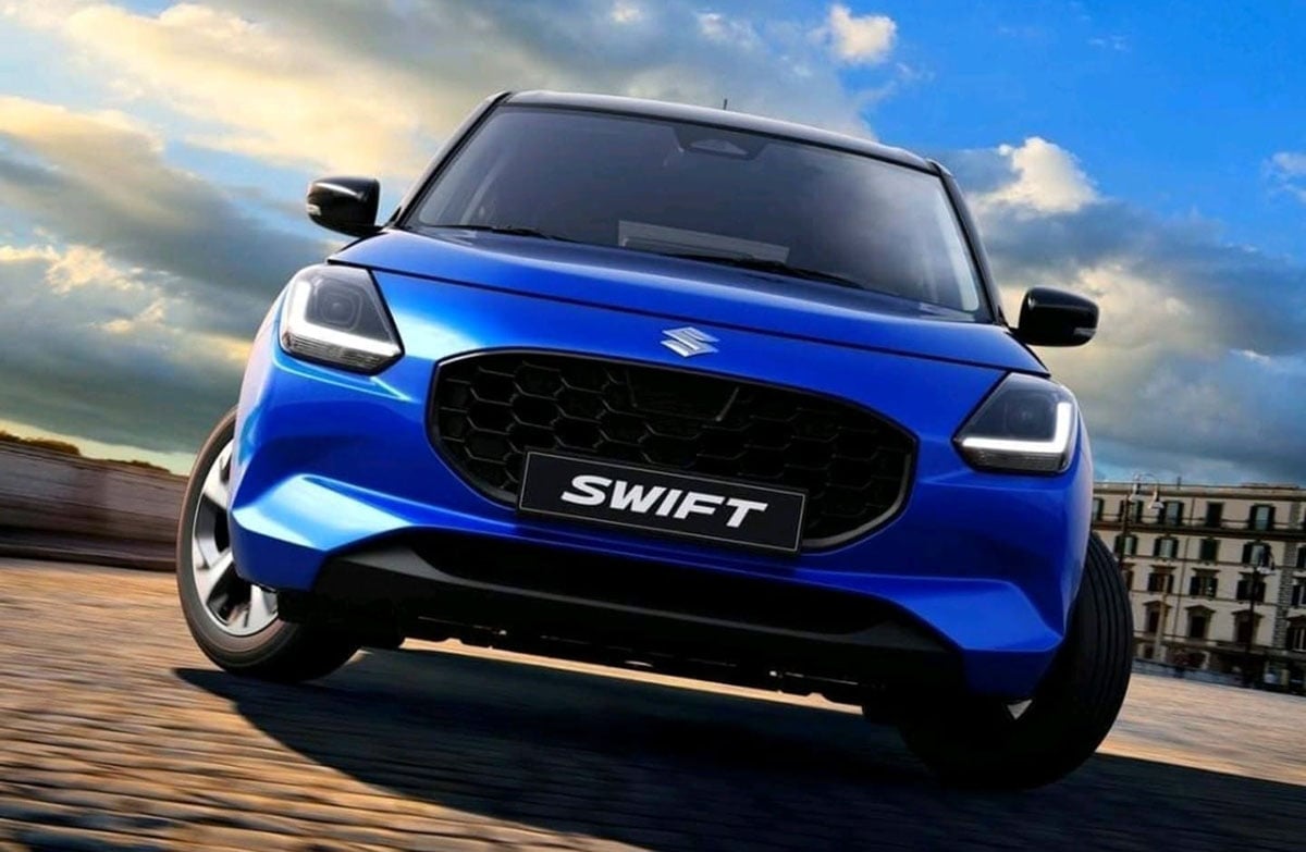 Face avant de la Suzuki Swift 2024 avec calandre noire et feux halogènes en forme de boomerang