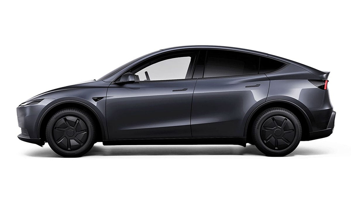 Tesla Model Y Standard vue latérale, design épuré et silhouette de SUV familial