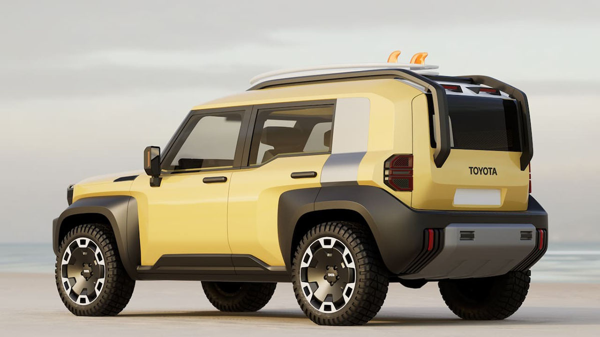 Vue arrière imaginaire d’un Toyota Land Cruiser FJ électrique avec hayon vertical et feux à LED